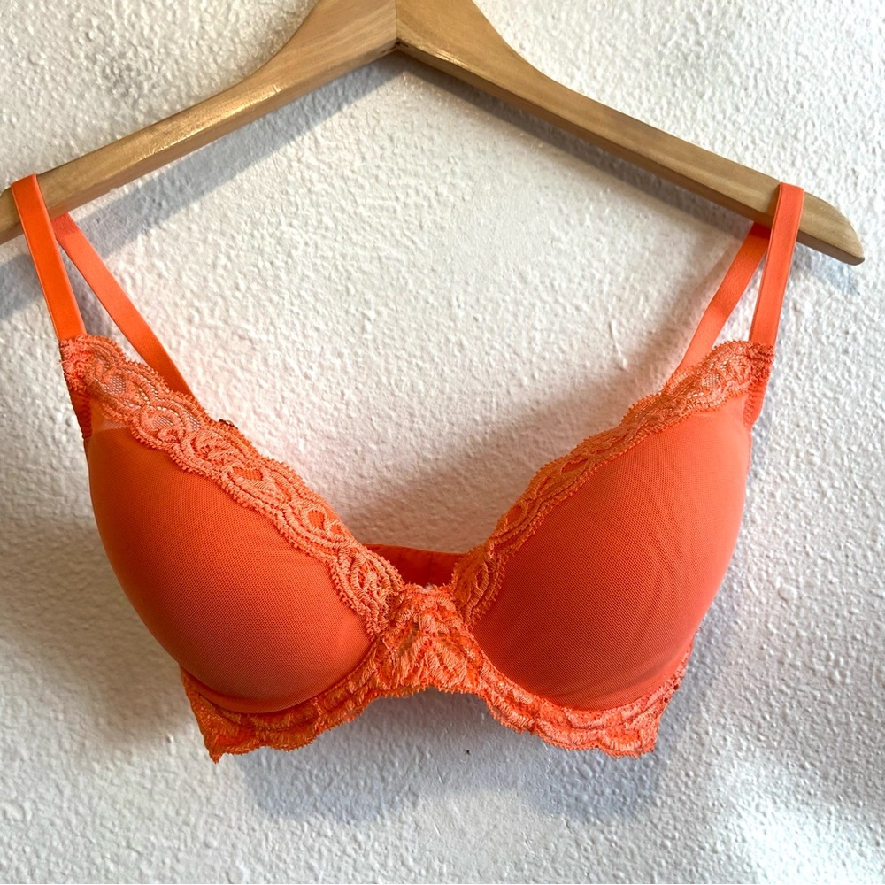 Natori Feathers Contour Plunge Lace Trim Orange Bra 30DDD